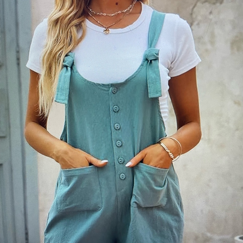 Teal Button-Up shorts Jumpsuit with Pockets